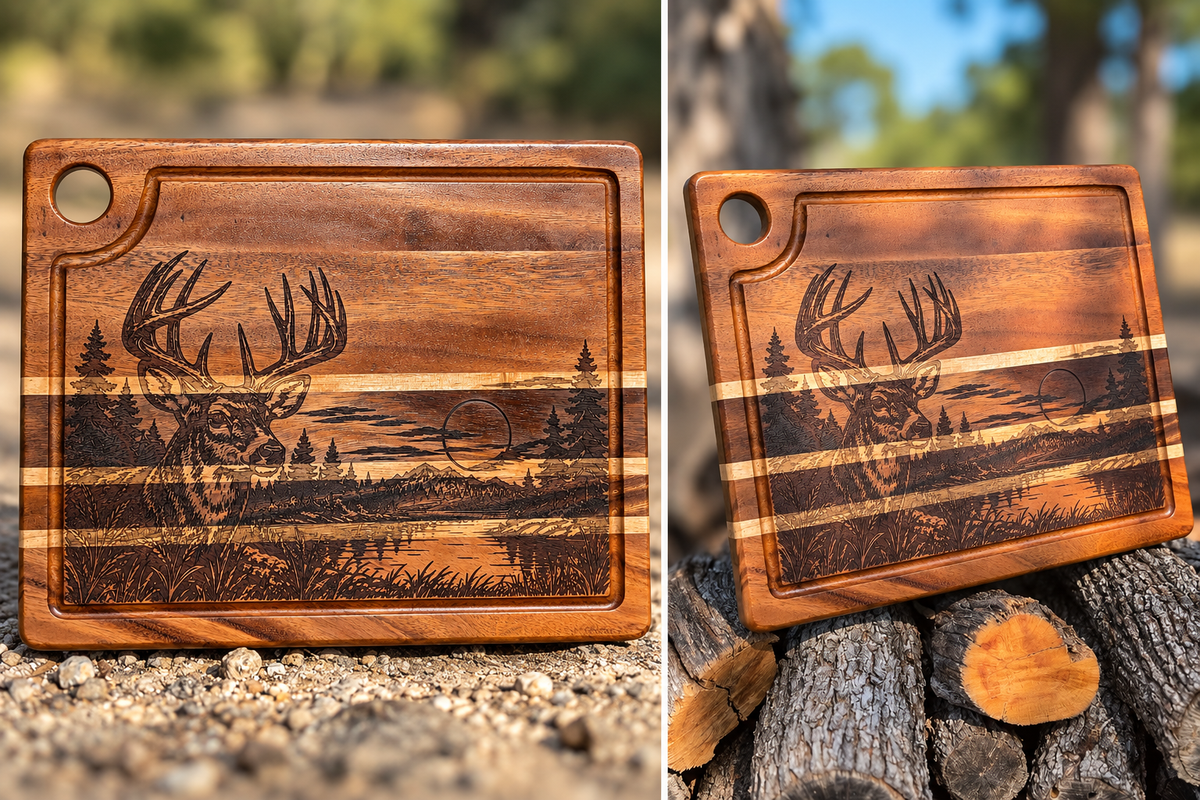 Cutting board with buck and woodland sunset scene
