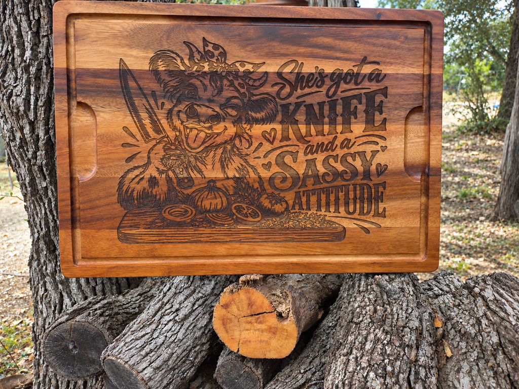 Sassy Cow cutting board engraved with cow holding knife and She's got a knife and a sassy attitude lettering