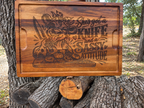 Sassy Cow cutting board engraved with cow holding knife and She's got a knife and a sassy attitude lettering