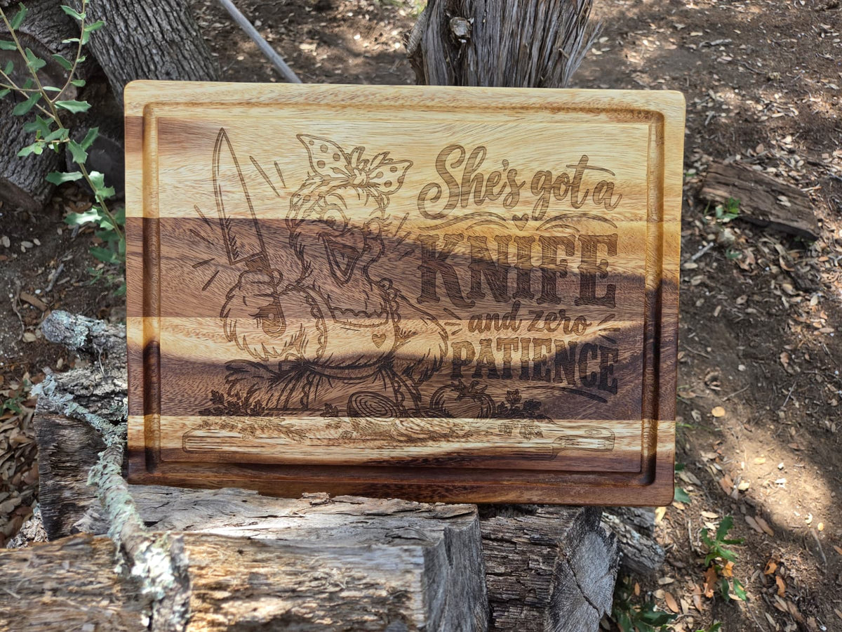Zero Patience Chicken engraved cutting board with chicken, knife and pumpkins