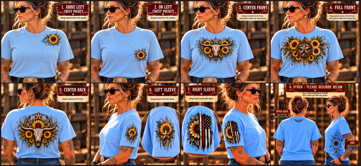 Eight approved design placement examples for the Jerzees 29MP pocket T-shirt, including pocket, front, back, left sleeve, right sleeve and other placements