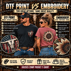 Western DTF print versus embroidery comparison for Jerzees 29MP pocket T-shirt