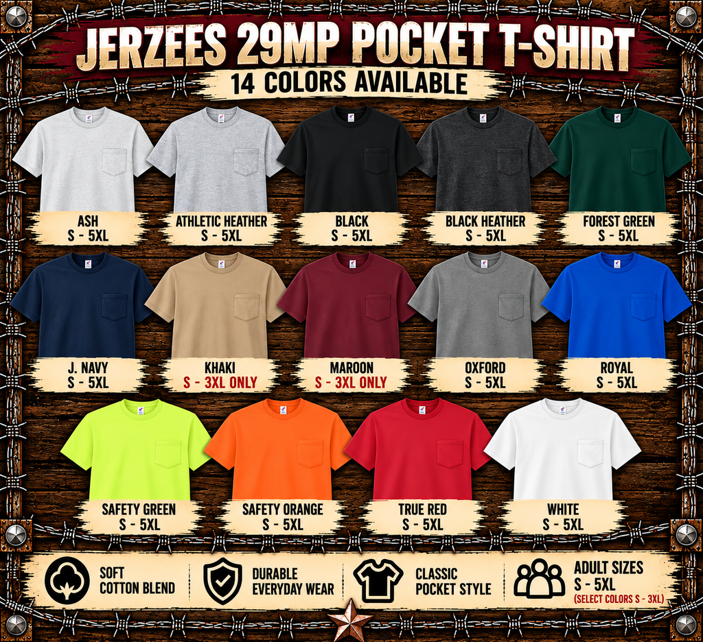 14 Jerzees 29MP pocket T-shirt colors with Khaki and Maroon limited to S–3XL