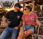 Sunset ranch lifestyle photo of decorated pocket T-shirts