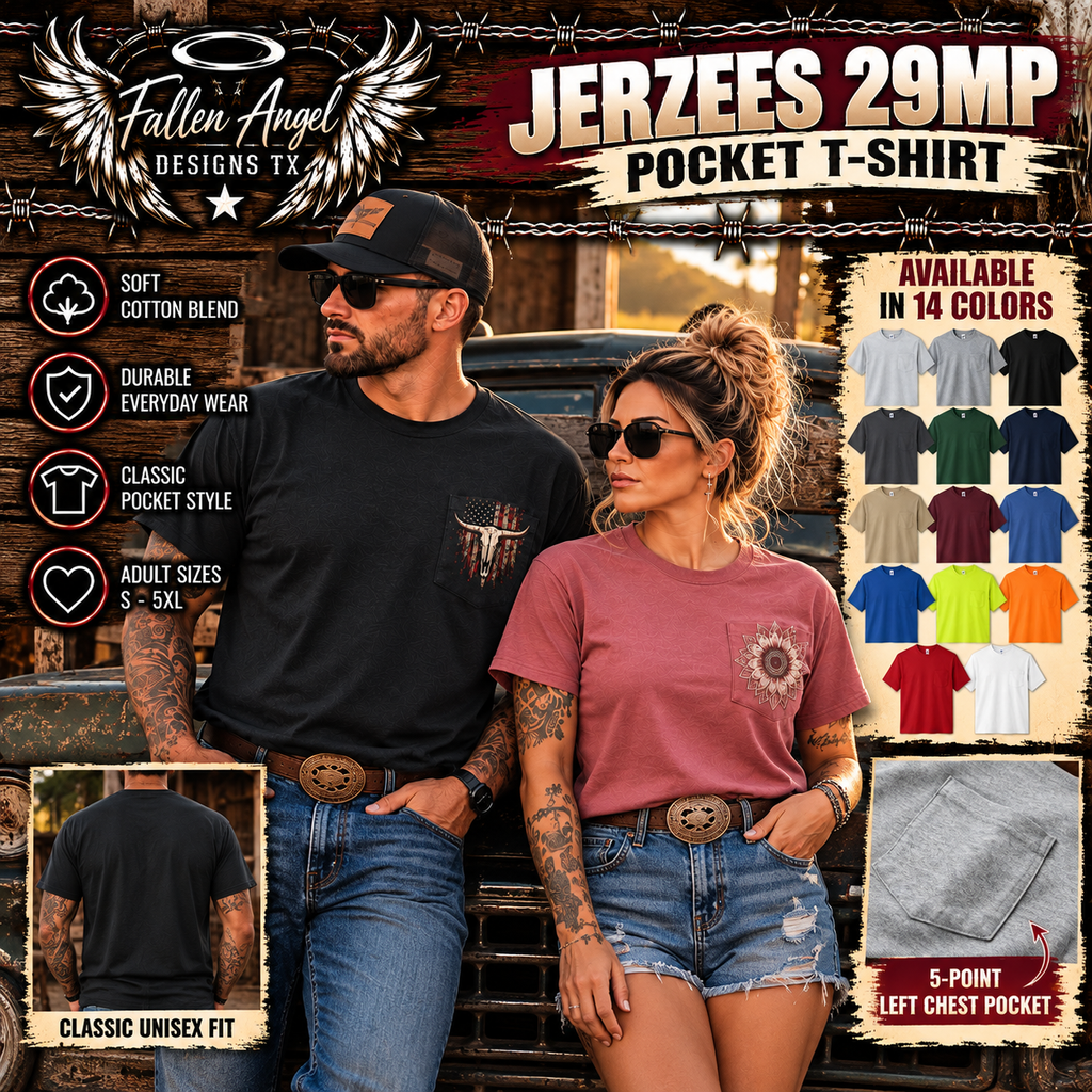 Rustic Western pocket T-shirt showcase with Fallen Angel Designs TX branding