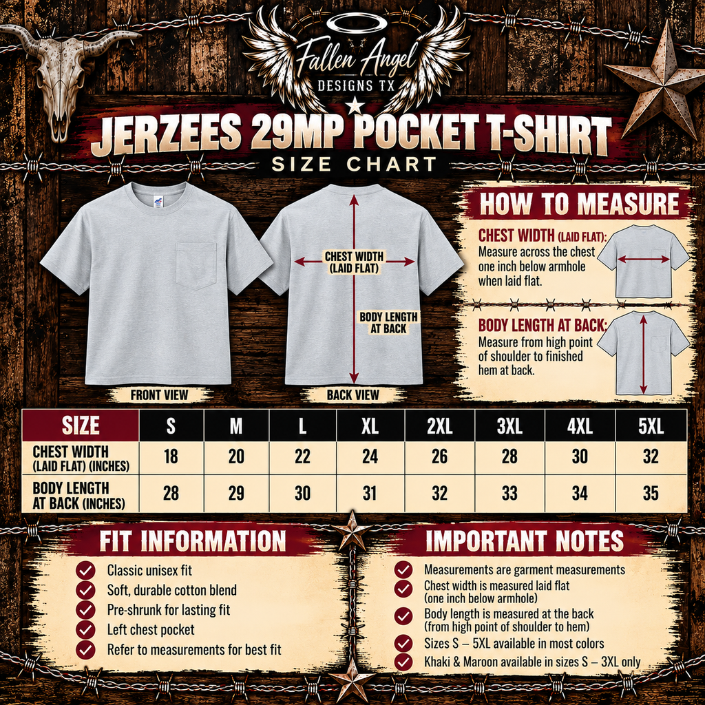 Jerzees 29MP pocket T-shirt rustic size and measurement chart