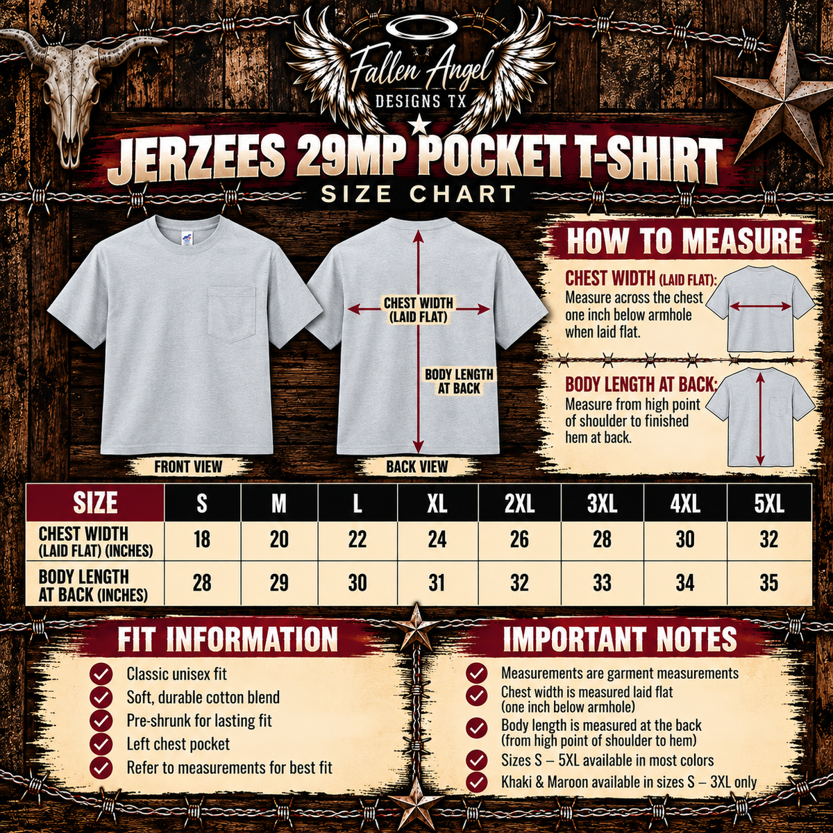 Jerzees 29MP pocket T-shirt rustic size and measurement chart