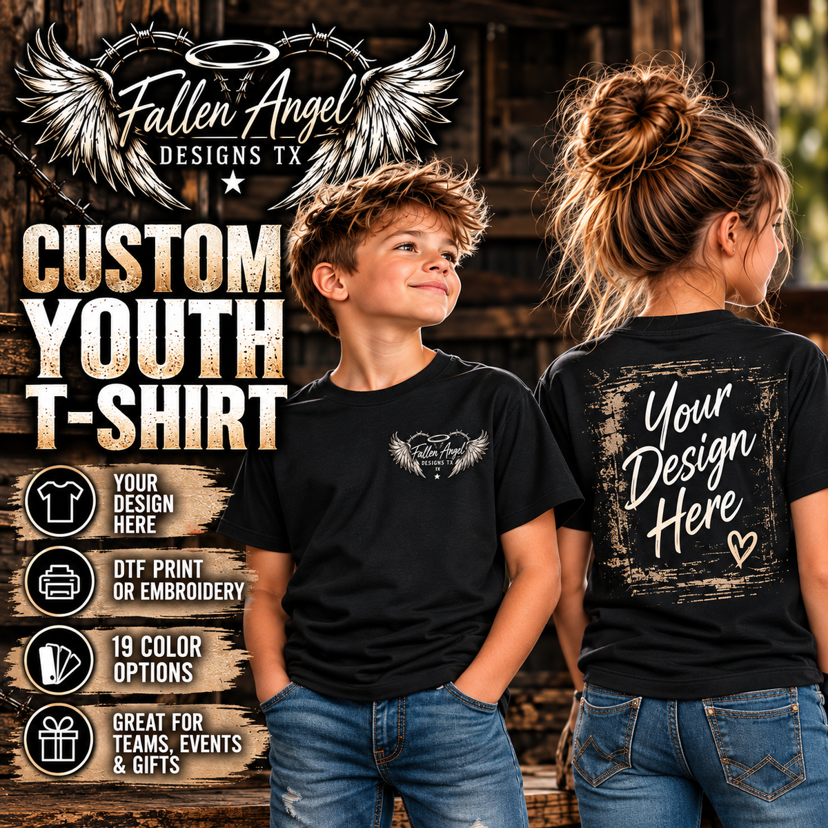 Fallen Angel Designs TX custom youth T-shirt with DTF print or embroidery options