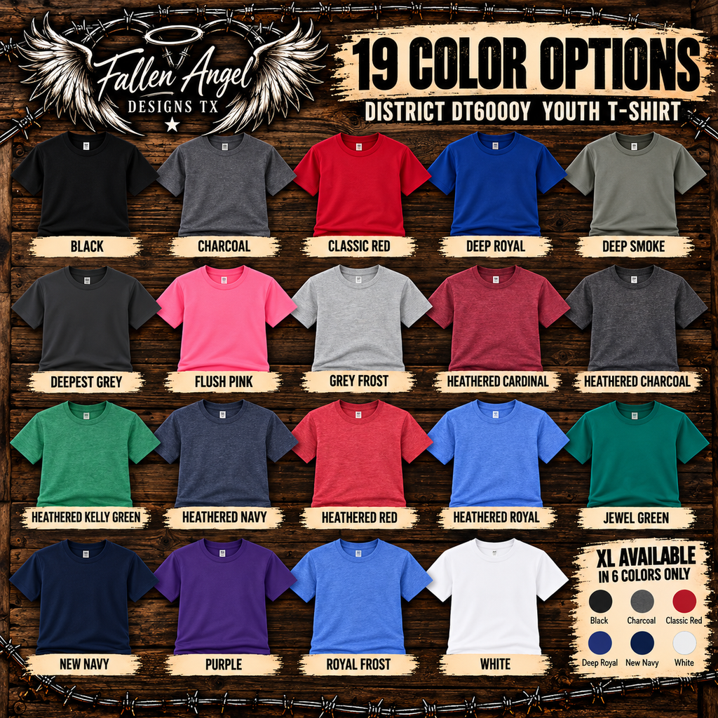 District DT6000Y youth T-shirt 19 color options and XL color availability