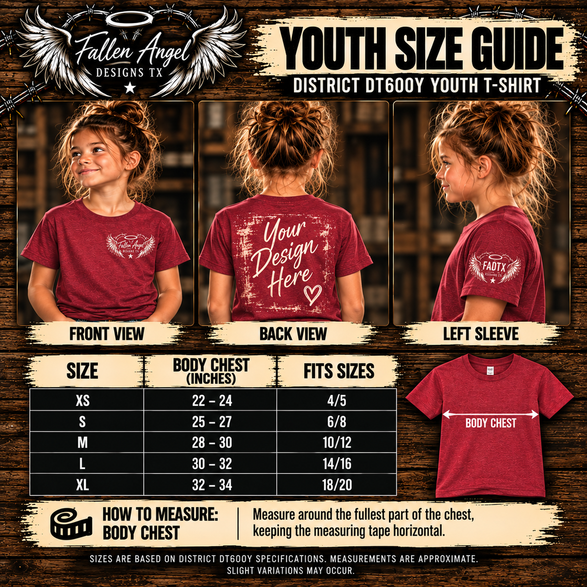 District DT6000Y youth T-shirt size guide with body chest measurements