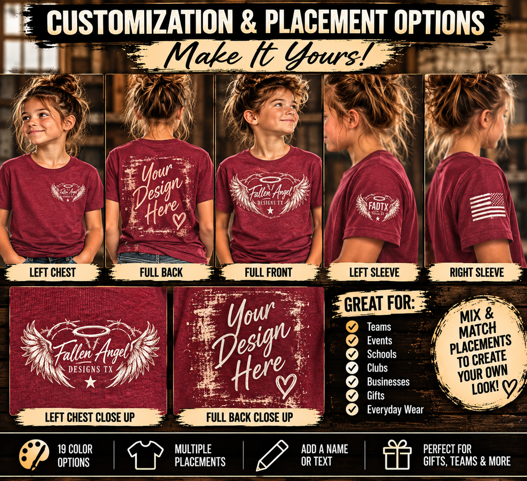 Custom youth T-shirt personalization and placement options