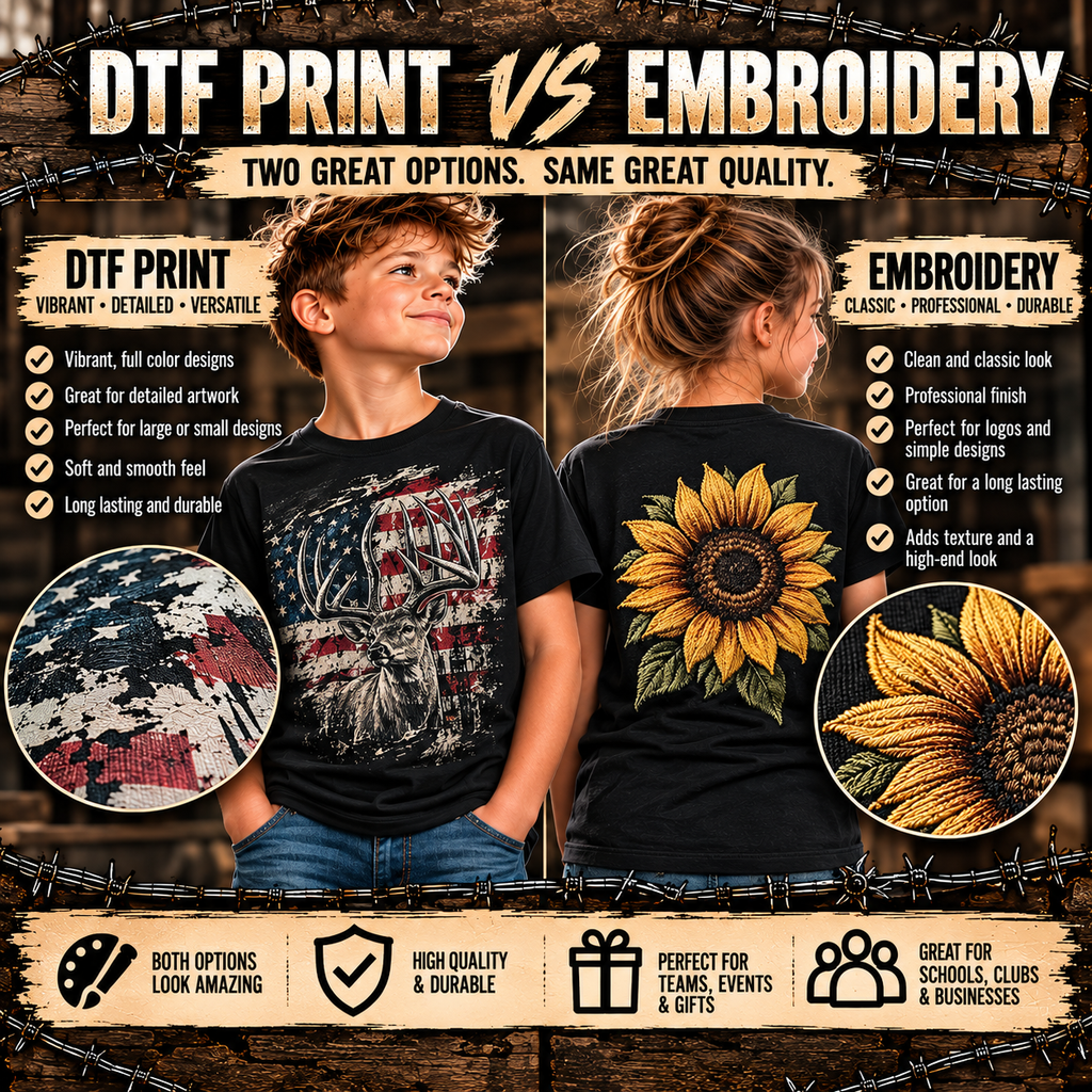 DTF print versus embroidery options for custom youth T-shirts